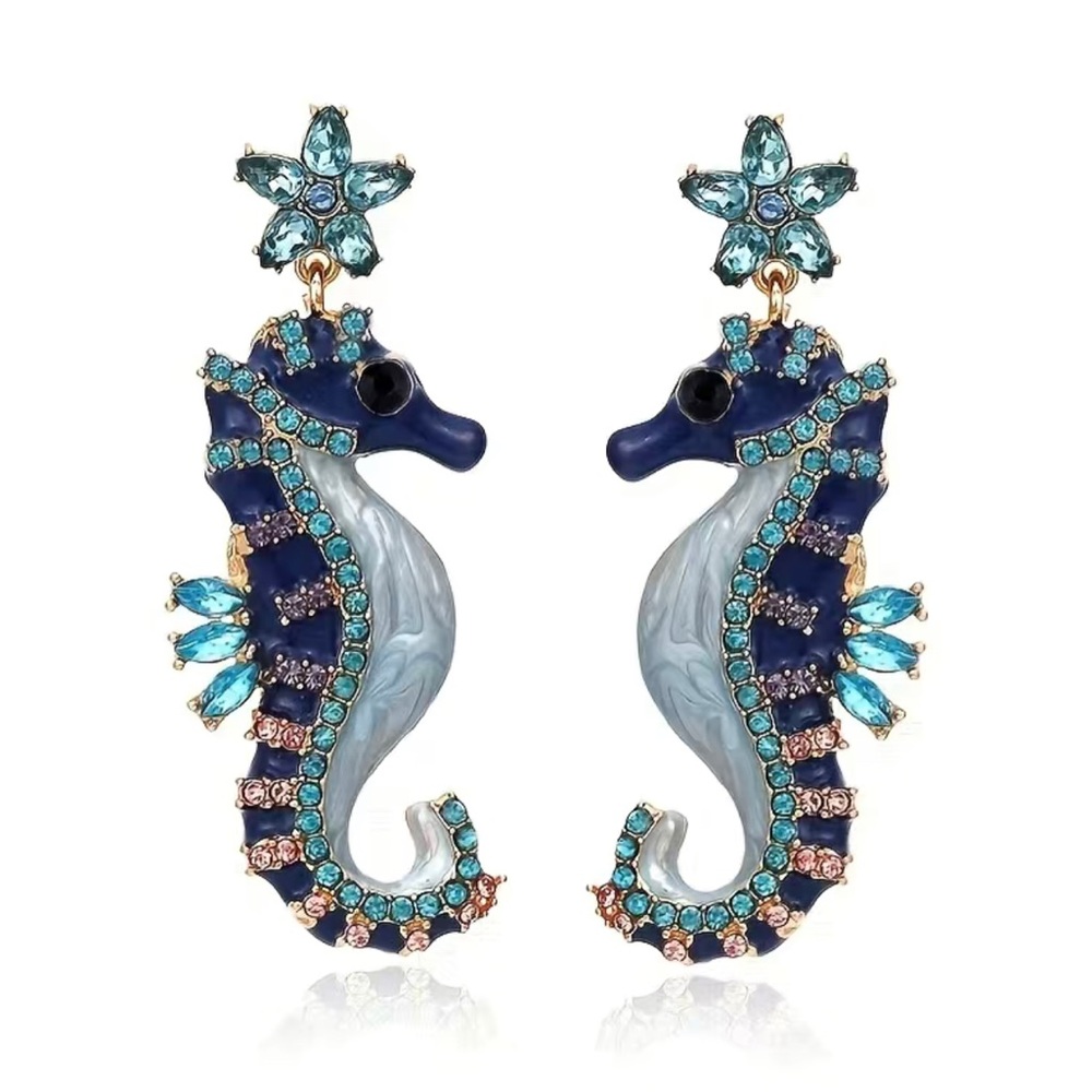 Seahorse Earrings Blue Enameled Rhinestones - Picture 6 of 6